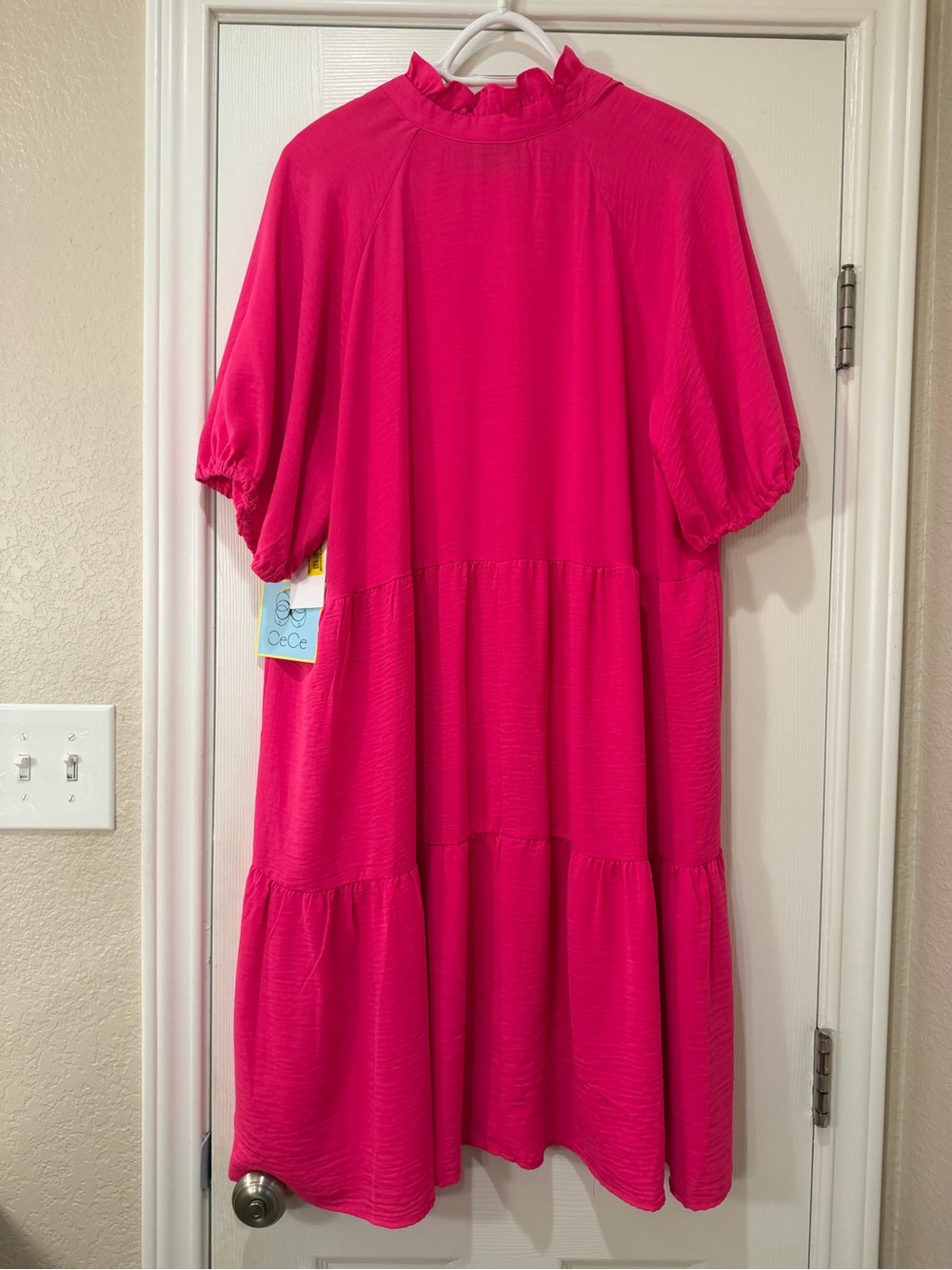 CeCe Bright Hot Pink Tiered V-Neck Dress - Picture 4 of 5
